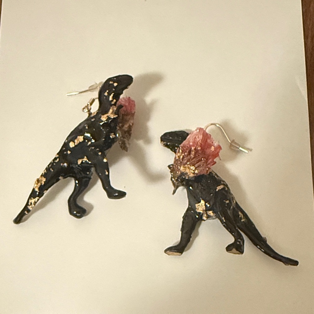 Dinosaur Earrings with Pink and Gold Accents